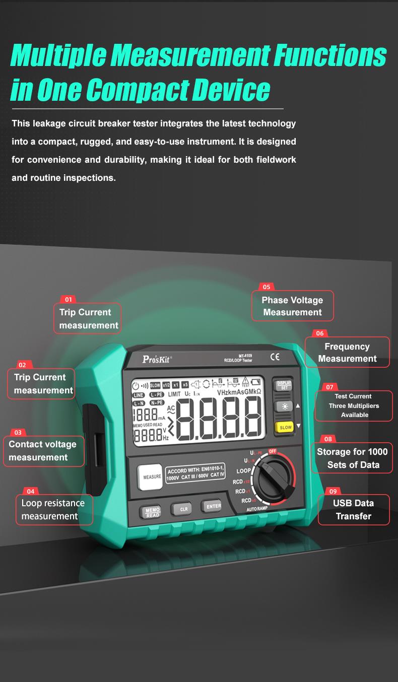 Residual current protection tester, LCD 4 digits, up to 440VAC, USB, MT-4109, PRO'S KIT