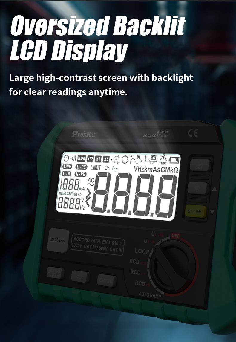 Residual current protection tester, LCD 4 digits, up to 440VAC, USB, MT-4109, PRO'S KIT
