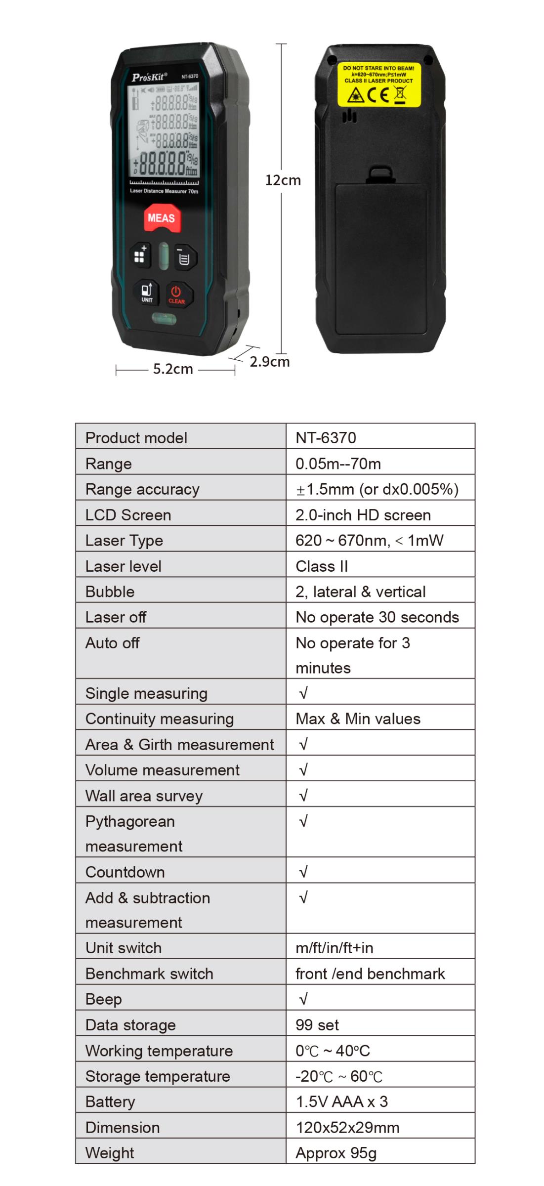 Laser tape measure, NT-6370, 0.05-70m, 620-670nm, Pro's Kit