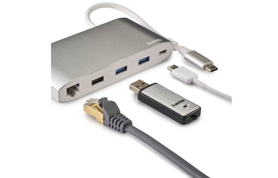 USB хъб, HAMA-200111, USB-A/USB-C/HDMI/VGA/LAN, бял