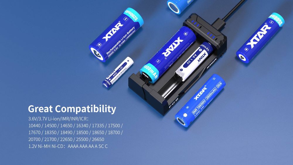 Зарядно устройство за акумулаторни батерии 2xAA/AAA/C/D, XTAR, FC2 