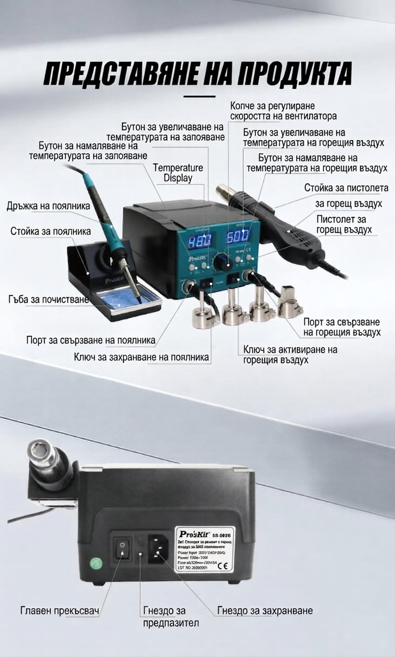 Станция с горещ въздух, комбинирана, SS-982B, 750W, 100-500°C, PRO'S KIT