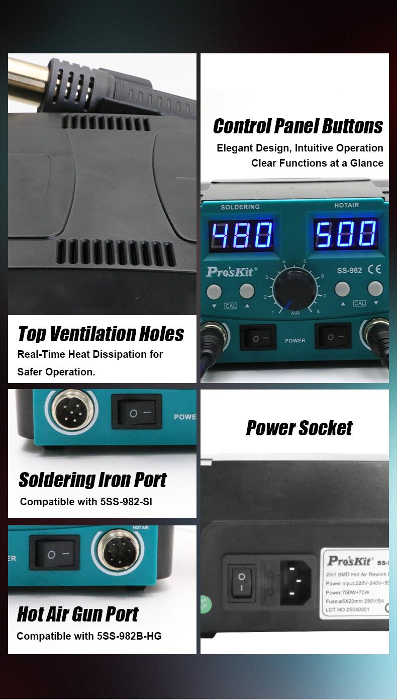 Станция с горещ въздух, комбинирана, SS-982B, 750W, 100-500°C, PRO'S KIT