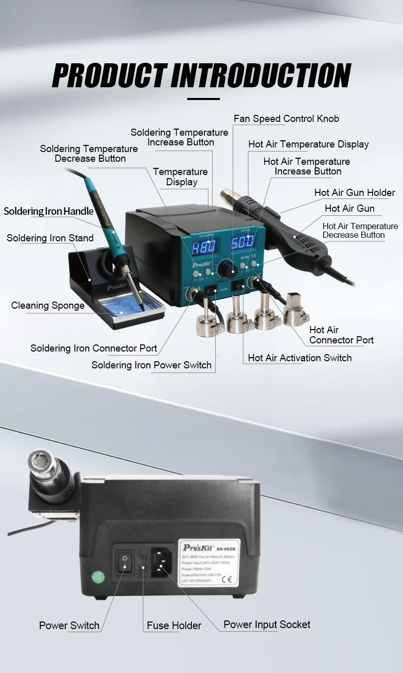 Станция с горещ въздух, комбинирана, SS-982B, 750W, 100-500°C, PRO'S KIT.