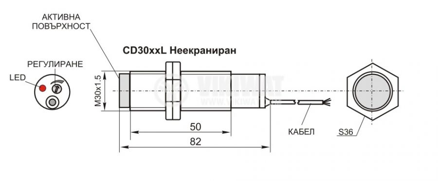 Капацитивен датчик, CD30P32L, 10-30 VDC, PNP, NO+NC, М30x80mm, 15mm, неекраниран - 2