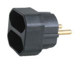 2-way Power plug, 1x earthed to 2x two pole sockets, 16A, 250VAC, black, TODI