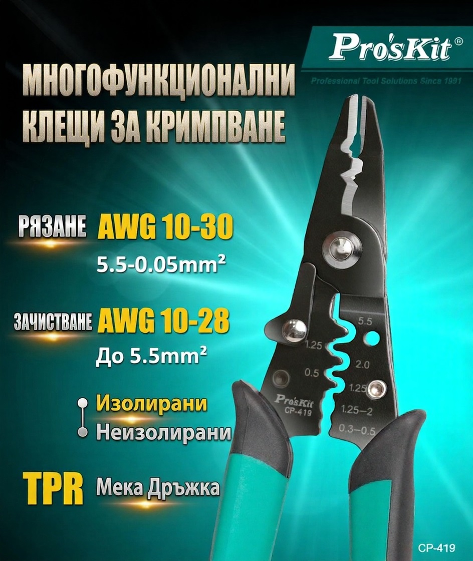 Клещи резачки, кримпване, оголване на кабели, 175mm, PRO'S KIT CP-419