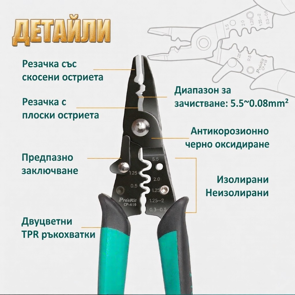 Клещи резачки, кримпване, оголване на кабели, 175mm, PRO'S KIT CP-419