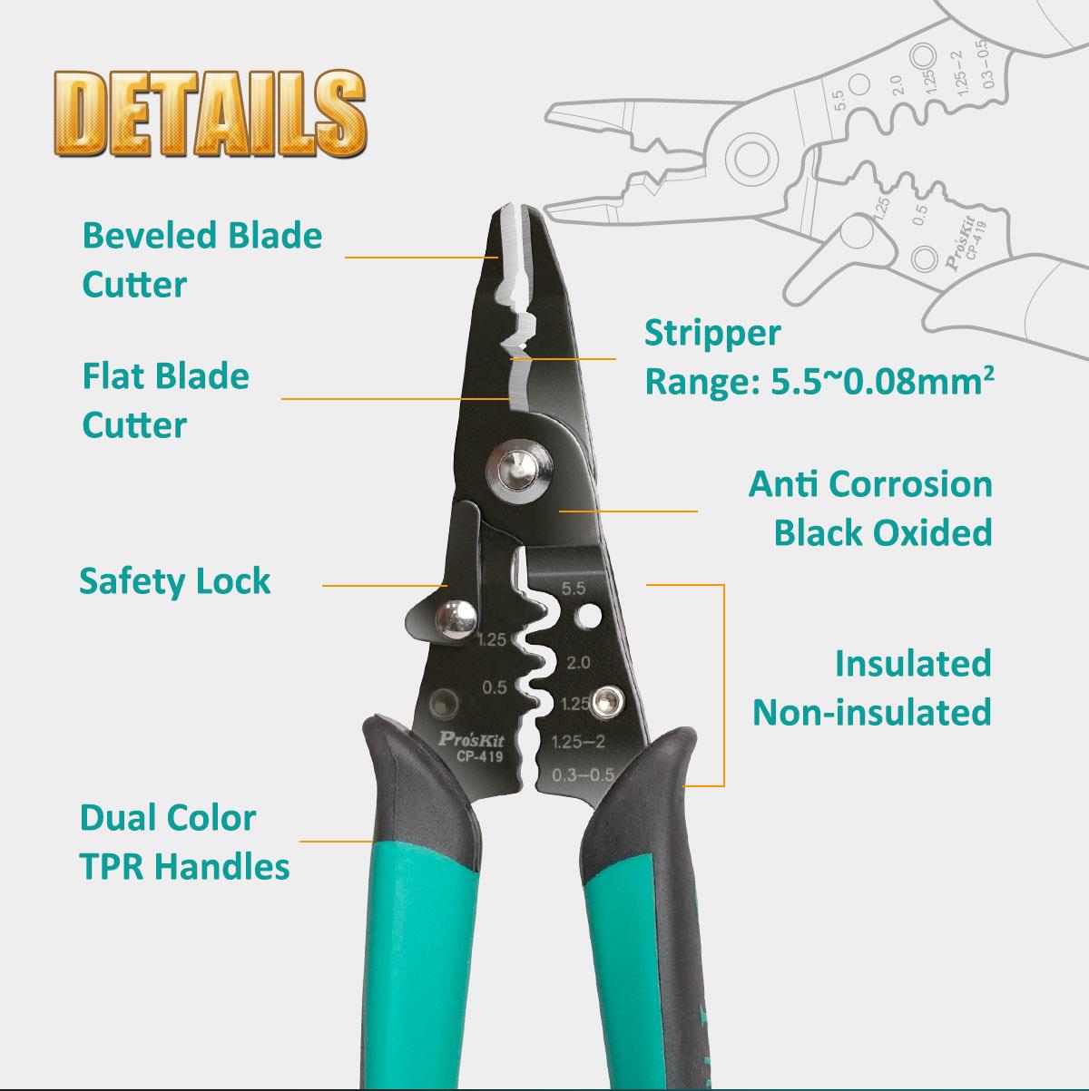 Cutting pliers, crimping, stripping cables, 175mm, PRO'S KIT CP-419
