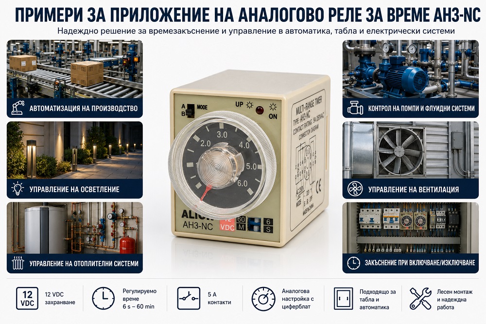 Analogue time relay, AH3-NC, 12VDC, SPDT or DPDT, 5A, 6s - 60min