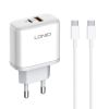 Phone charger with USB Type-C cable, USB and USB Type-C, 45W, white, LDNIO - 1