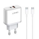 Phone charger with USB Type-C cable, USB and USB Type-C, 45W, white, LDNIO