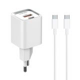 Phone charger with USB Type-C cable, USB and USB Type-C, 20W, white, LDNIO