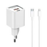 Phone charger with Lightning cable, USB and USB Type-C, 20W, white, LDNIO