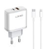 Phone charger with Lightning cable, USB and USB Type-C, 45W, white, LDNIO - 1