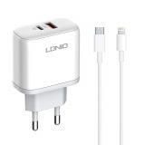 Phone charger with Lightning cable, USB and USB Type-C, 45W, white, LDNIO