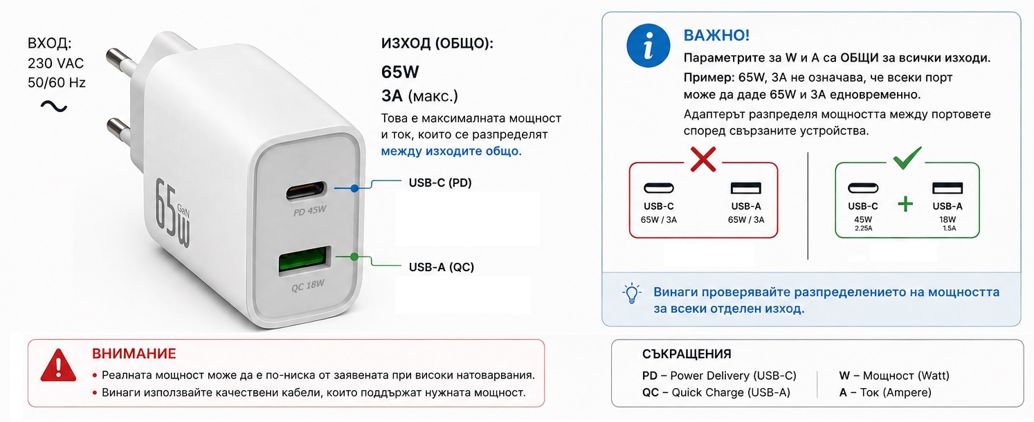 Зарядно за телефон, USB адаптер, USB-A, USB-C