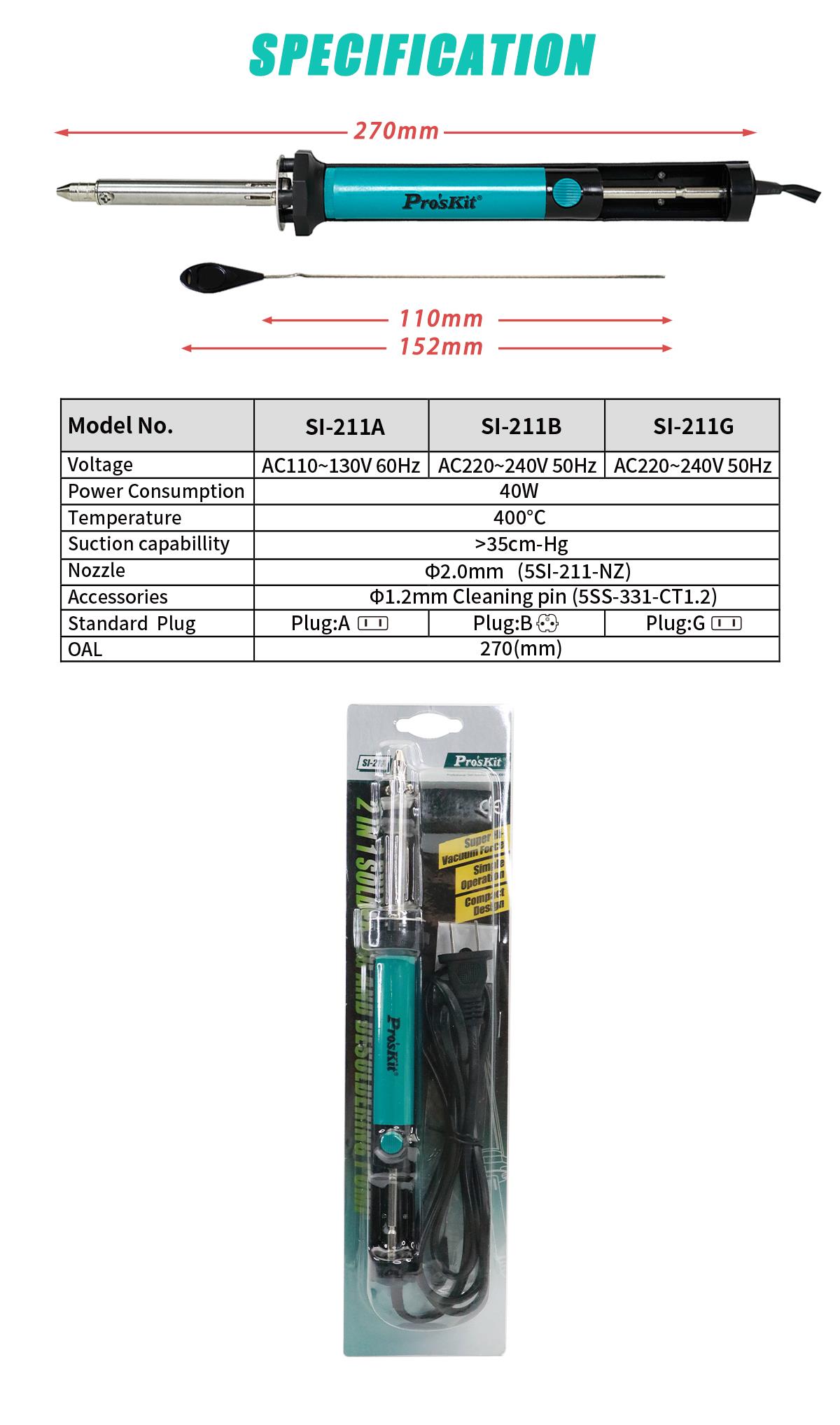 Soldering and desoldering pump SI-211B, 40W, 220V, PRO'S KIT