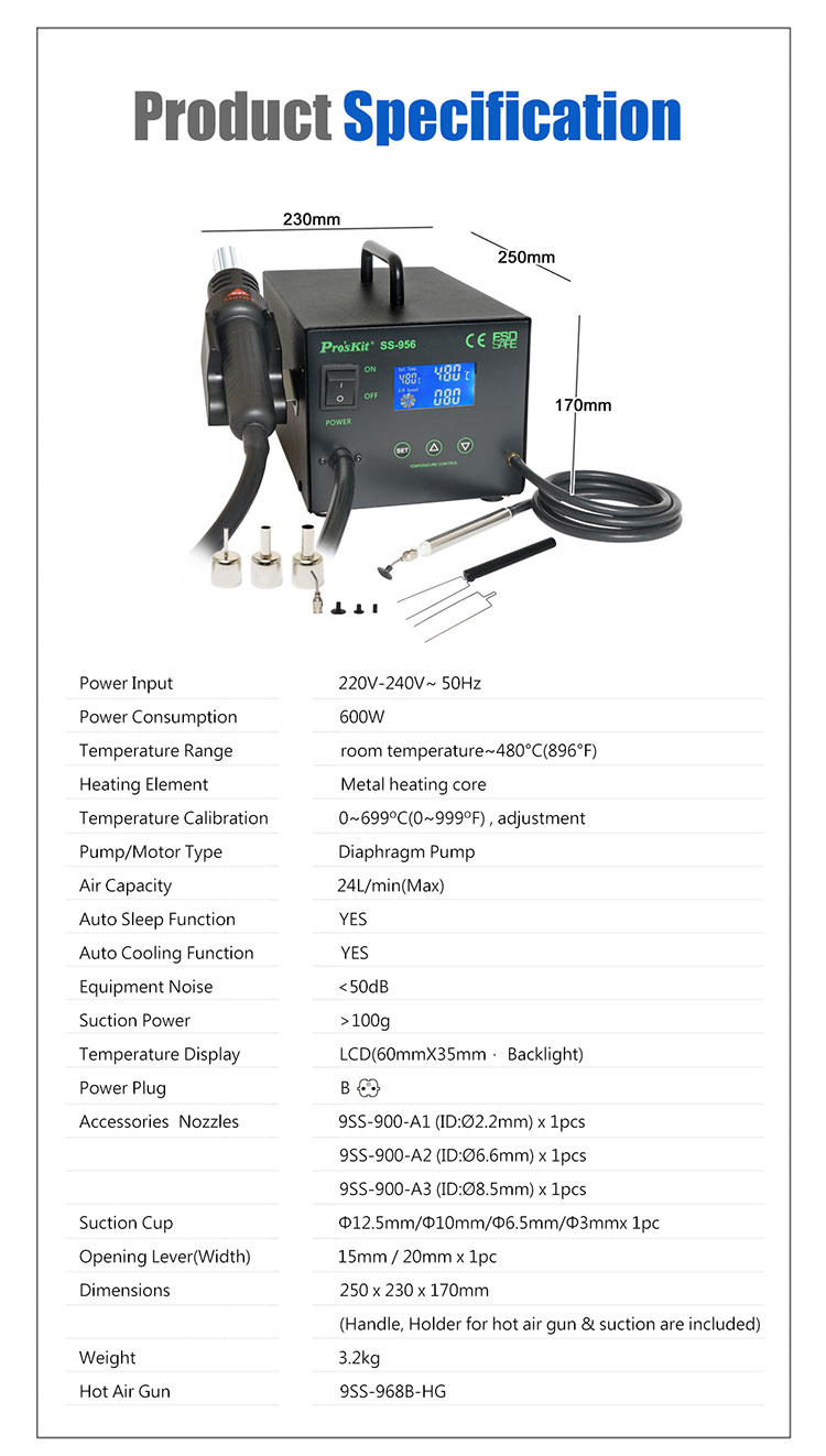 Поялна станция, със засмукване, SS-956B, 220V, 600W, 24L/min, PRO'S KIT