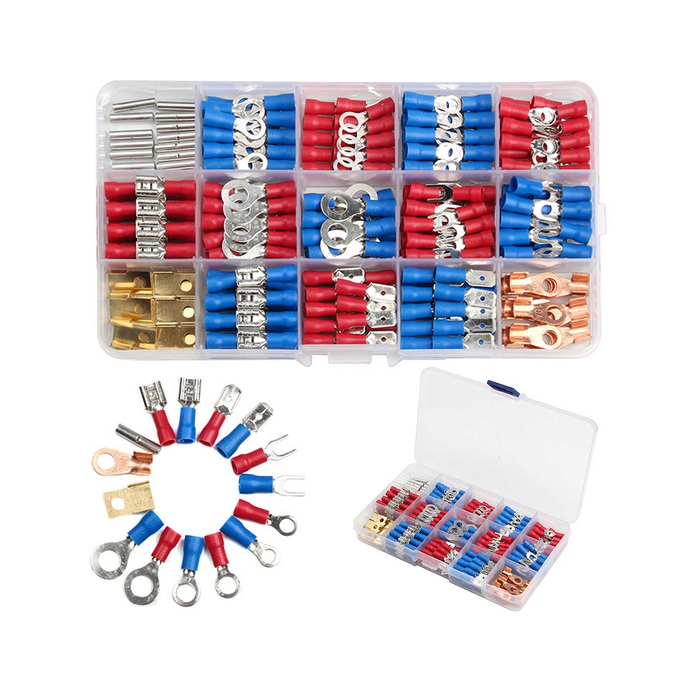 Комплект контактни накрайници, втулка, ухо, вилка, плосък, 15 вида, 300 броя