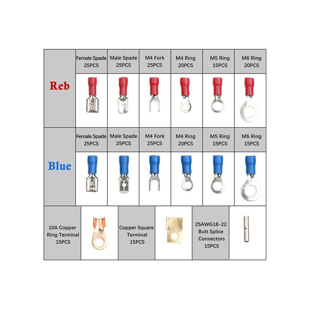 Комплект контактни накрайници, втулка, ухо, вилка, плосък, 15 вида, 300 броя