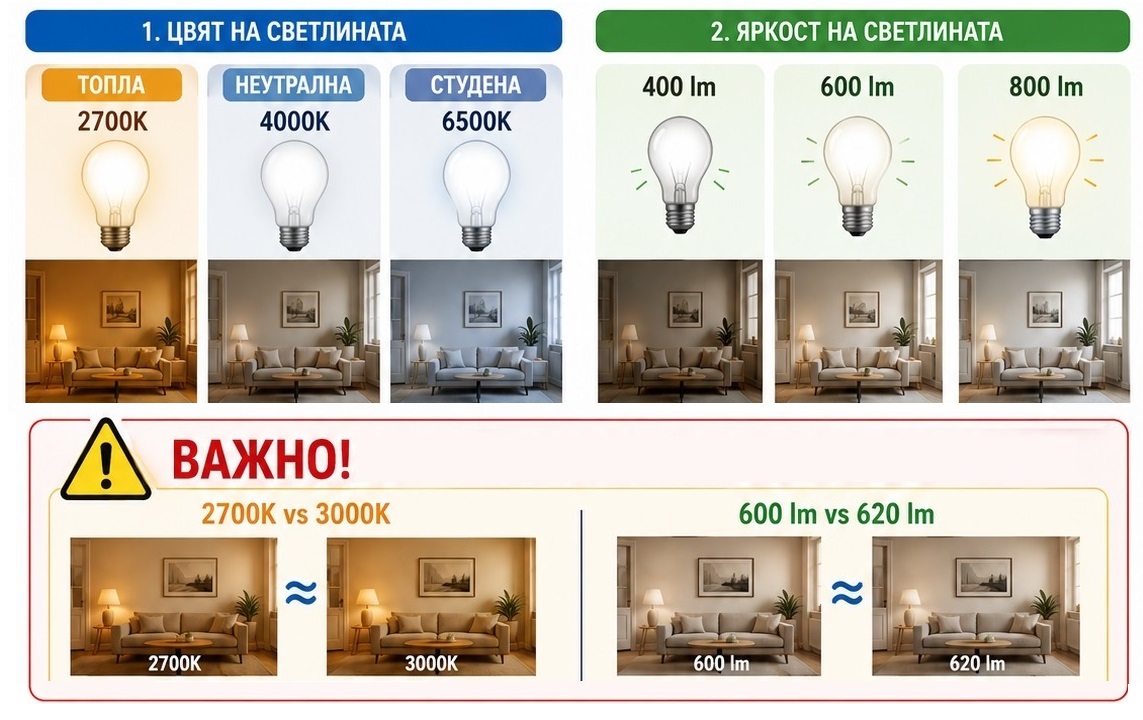 LED лампа келвини и лумени, крушки Е14, топче, крушка свещ