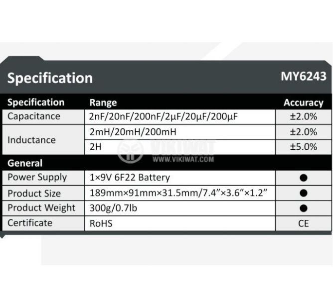 LC метър MY6243, капацитет 2nF до 200uF,  индуктивност 2mH до 2H - 2