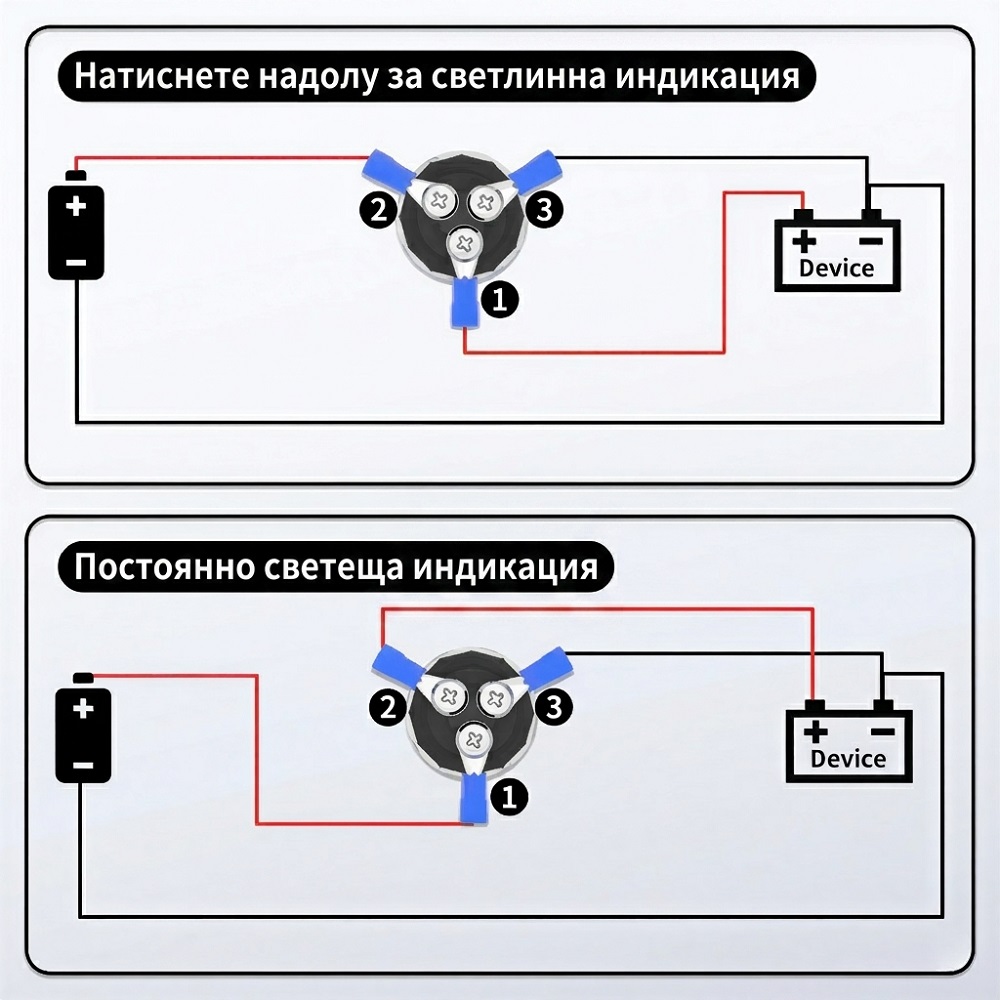 Бутонен превключвател, старт бутон, OFF - (ON), отвор ф22, 50A/12VDC, SPST, A2-23B-07, LED, син