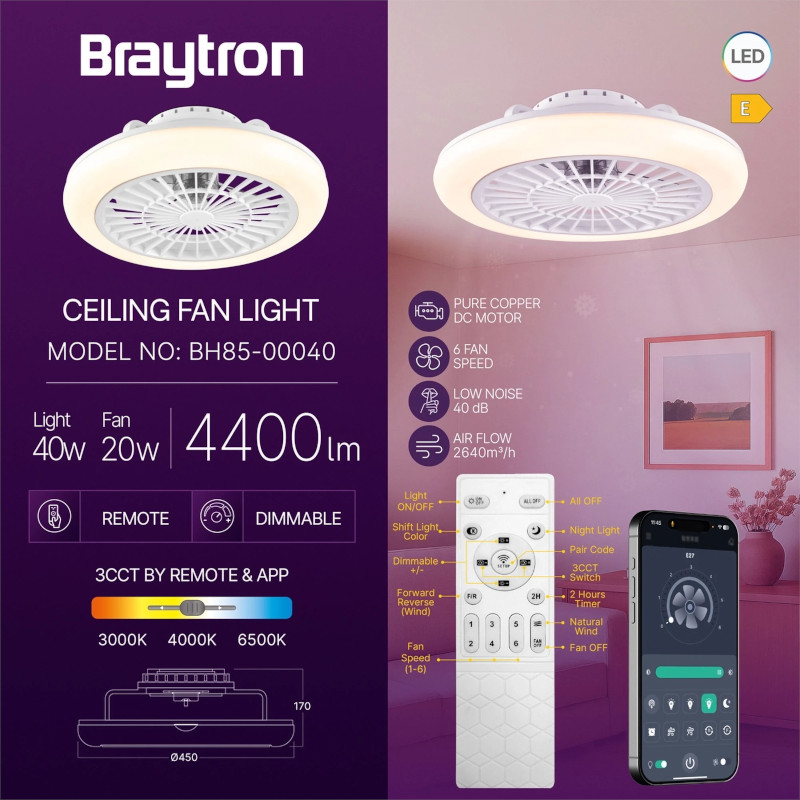 LED осветително тяло,&nbsp;BH85-00040,&nbsp;40+20W, кръг, 220VAC, 3200lm, 3в1, с вентилатор
