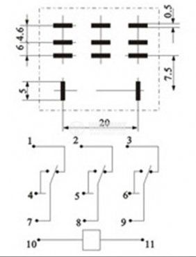 Реле електромагнитно LY3, бобина 12VDC, 250VAC/10A, 3PDT - 3NO+3NC - 3