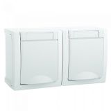 Double socket with cover, complete, Pacific, Panasonic, 16A, 250VAC, white, surface mounting, IP54, WPTC4800-2WH