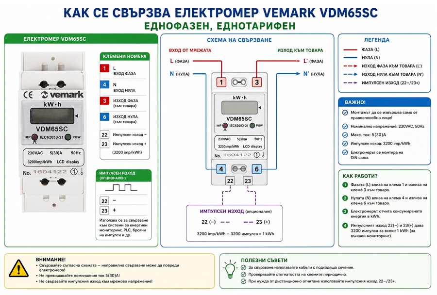 Електромер, еднофазен, еднотарифен VDM65SC, 5(30 А) LCD, за DIN шина, цифров, директен, 220 VAC 
