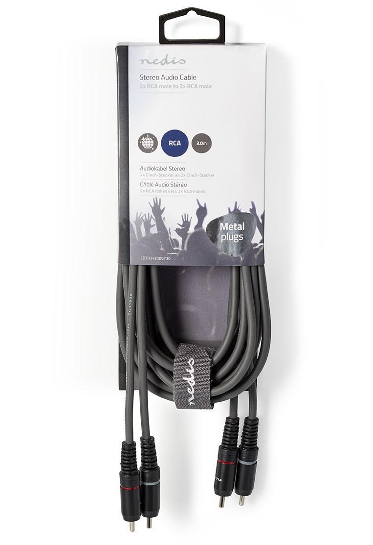 Stereo Audio Cable 2xRCA/m - 2xRCA/m, 3m, grey, SWOP24200E30, SWEEX