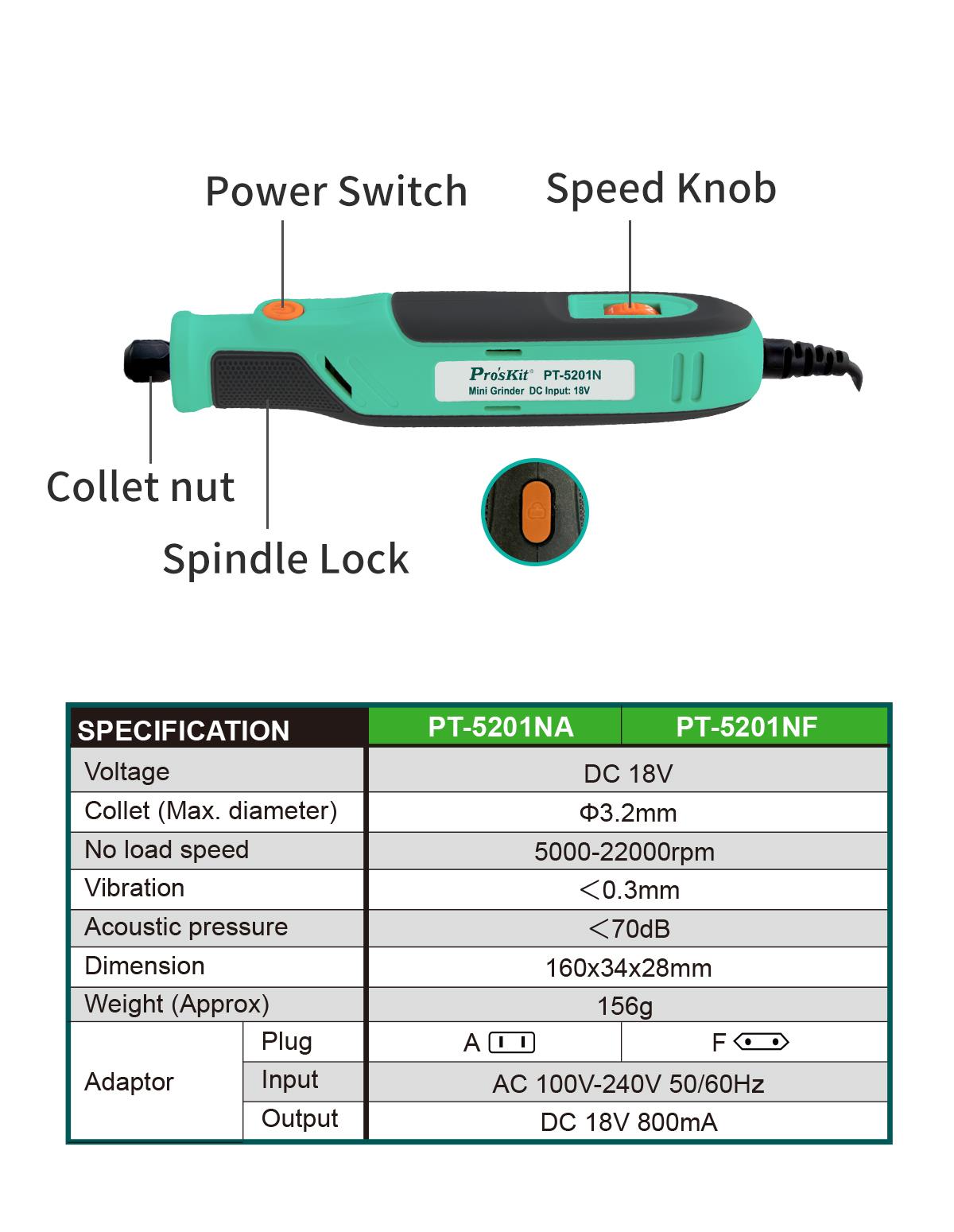 Sanding machine, 18W, 5000~22000rpm, PT-5201NF, PRO'S KIT