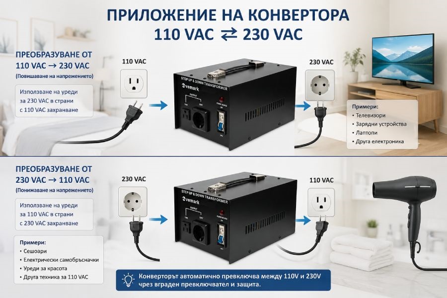 трансформаторен конвертор двупосочен 110VAC-230VAC