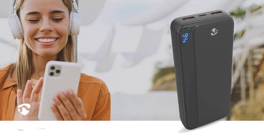 Външна батерия, Power Bank, USB/USB Type-C, 20000mAh, Quick Charge 20W, NEDIS PBKPD20W225BK