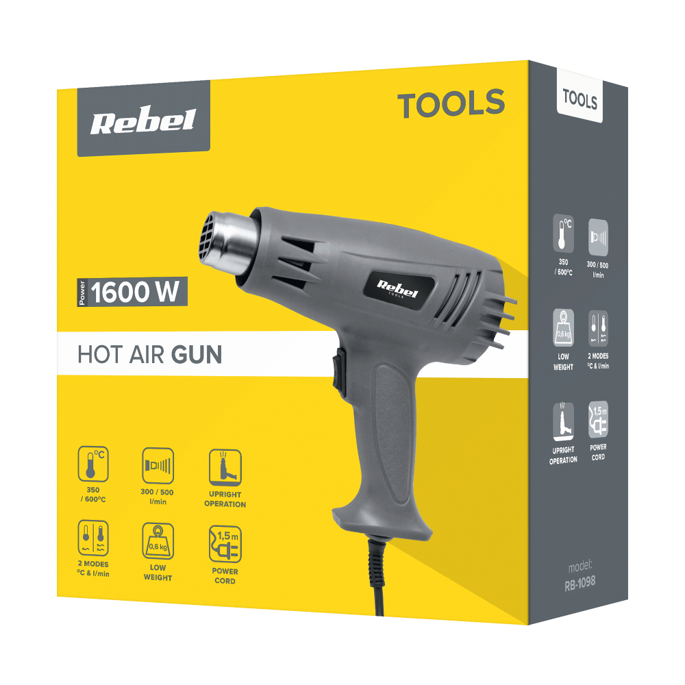 Пистолет за горещ въздух, 1600W, 230VAC, 350~600°C, RB-1098, Rebel