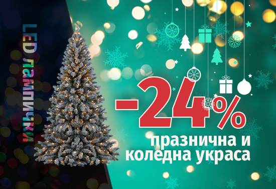 Празнична светлинна украса с 24% отстъпка. Огромен избор от модели и цветове. Подарете си коледно настроение!
