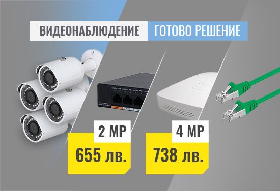 Ready solutions for video surveillance. Two types of sets of 4 cameras, switch, NVR device and 4 pcs. cables.